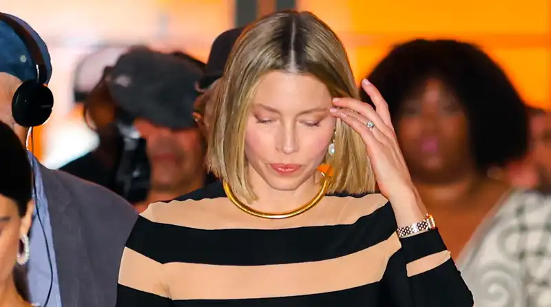 Jessica Biel upgrades sheer trend in Norma Kamali dress