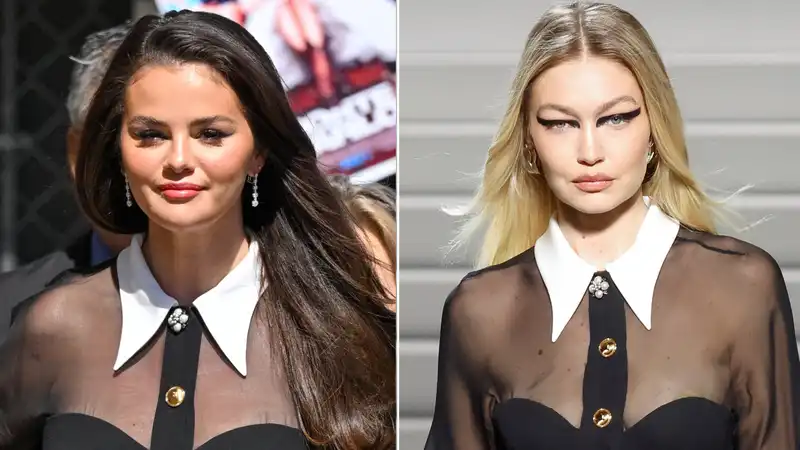 Selena Gomez tries on a Versace dress that Gigi Hadid showed on the runway