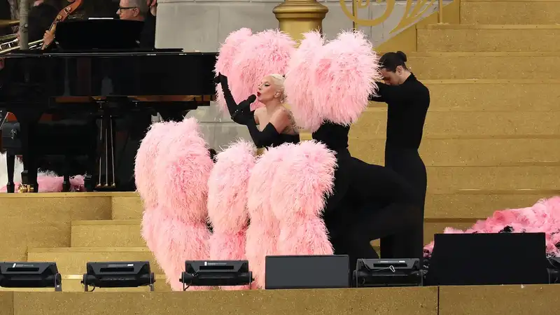 Lady Gaga's Paris Olympics Opening Ceremony Costume Coated in Flamingo Pink Feathers