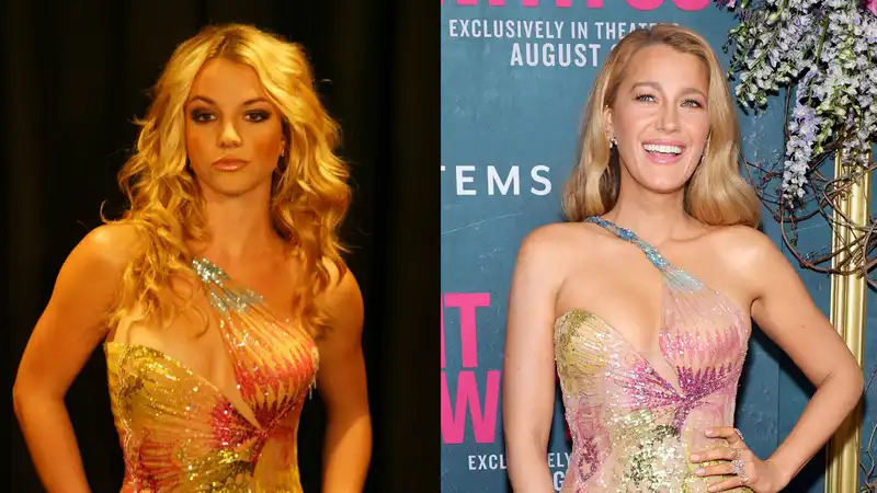 Britney Spears poses in an "updated" 2002 Versace gown recently worn by Blake Lively