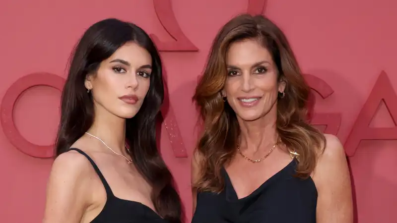 Cindy Crawford and Kaia Gerber in an elegant wedding guest dress and mother-daughter co-ordination.