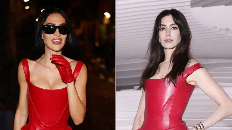 Amelia Gray borrows Anne Hathaway's cherry red Versace corset dress at Milan Fashion Week