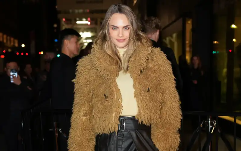 Cara Delevingne on the Bolero Trend in the Fuzziest Brown Jacket