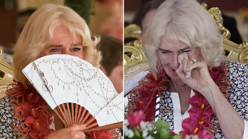 Queen Camilla breaks down in tears when Prince Charles mentions that he is undergoing cancer treatment.