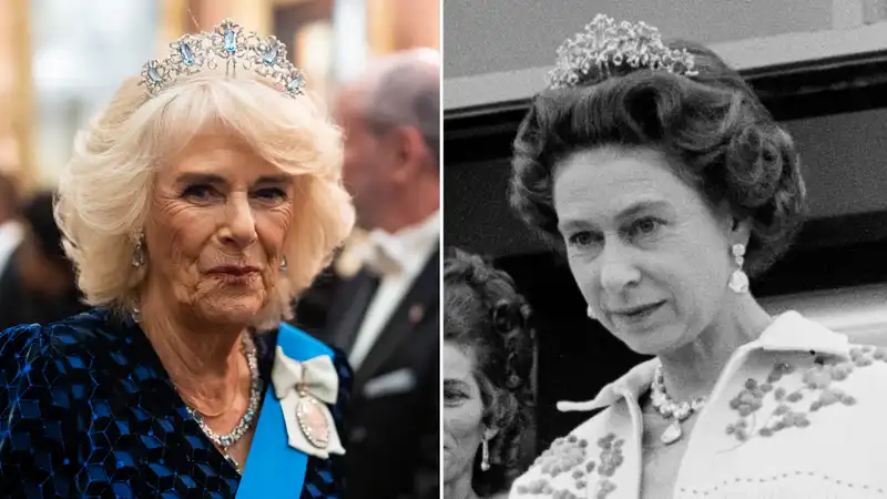 Queen Camilla pays tribute to Queen Elizabeth by wearing her unusual aquamarine ribbon tiara