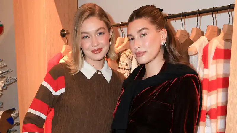 Hailey Bieber coordinates holiday outfits and supports Gigi Hadid's LA store opening