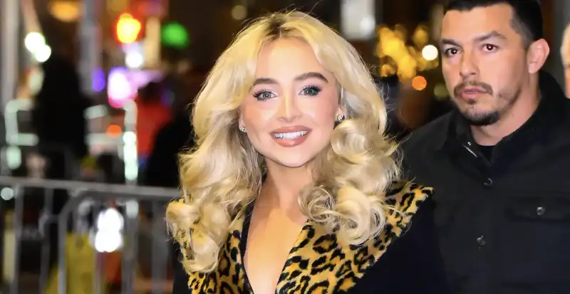 Sabrina Carpenter in micro micro shorts and leopard blazer